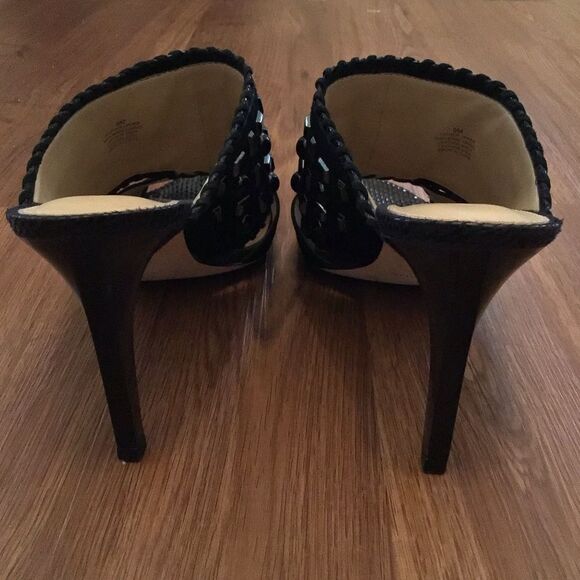 ANTONIO MELANI Black Leather Studded OPEN TOE High Heel MULES Dress SHOES - Picture 4 of 7